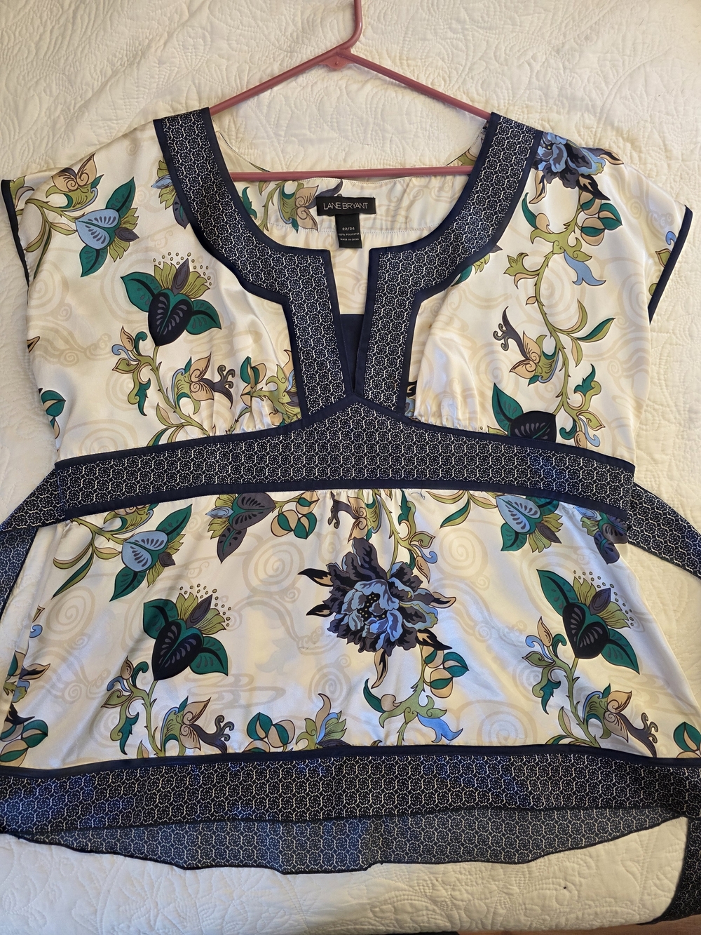 Lane Bryant Cream Floral Empire-Waist Top with Navy Trim and Green Accents
